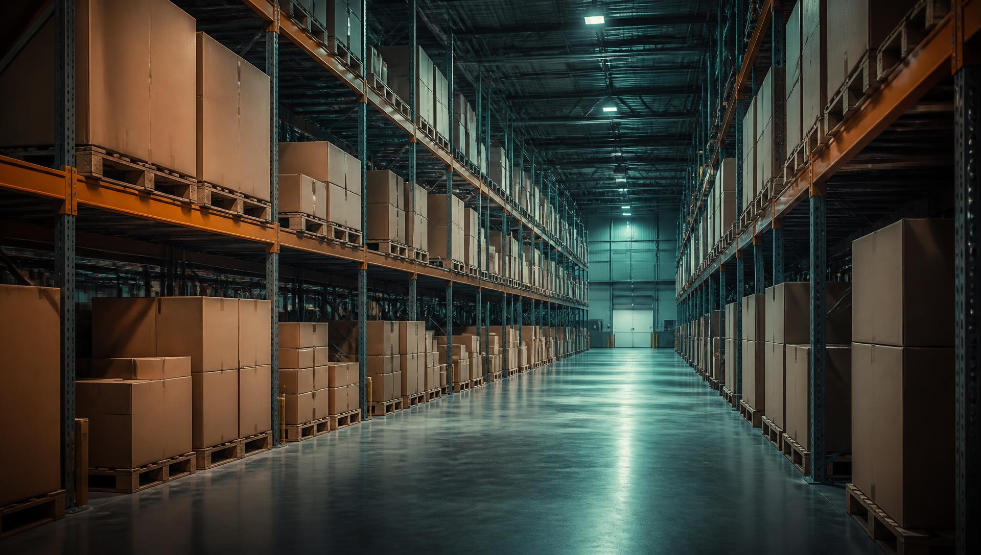 Organic certified fulfilment warehouse aisle with palletised inventory