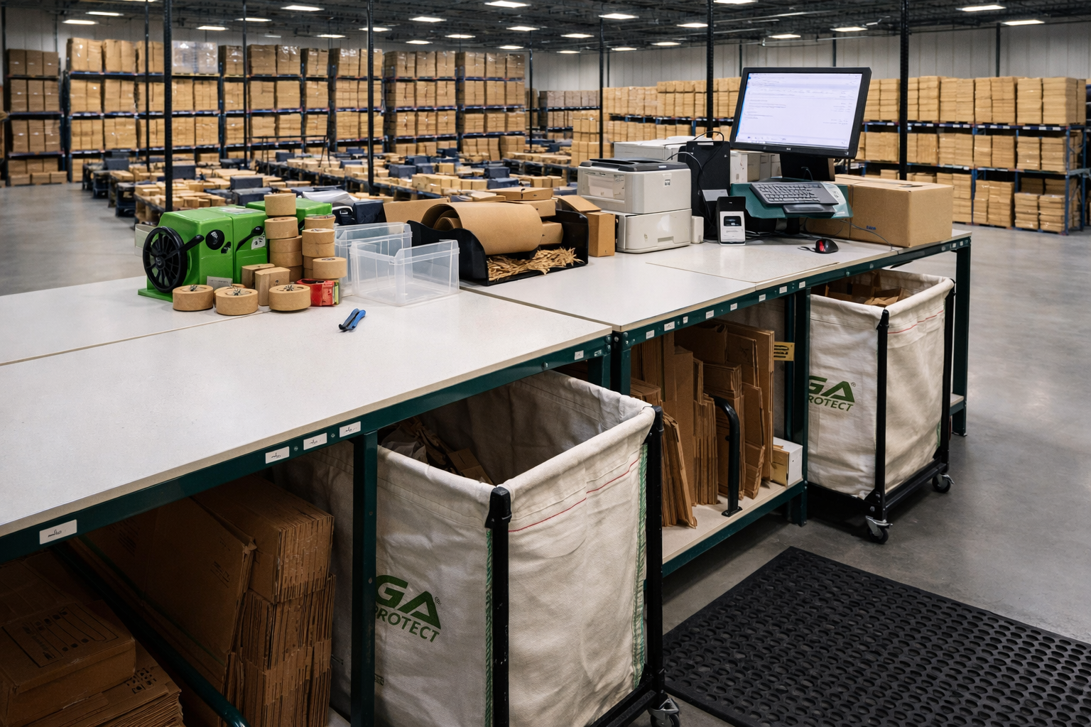 Order fulfilment workstations in an operational Systemise Fulfilment Group warehouse